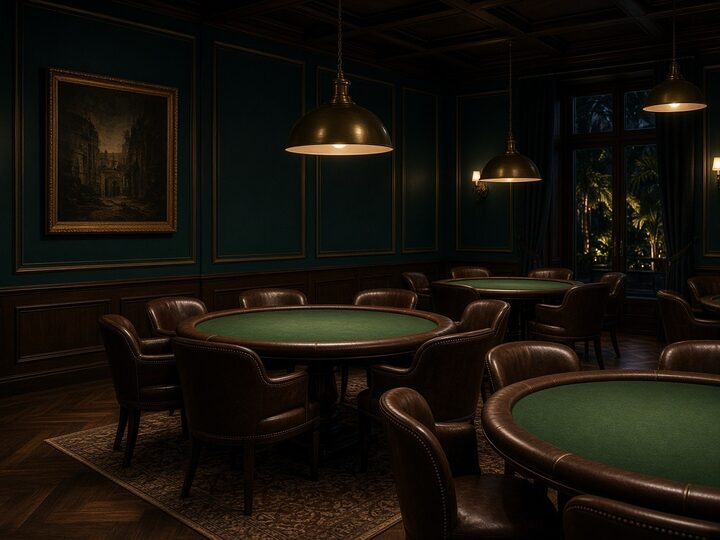 Sala de mesas vacía preparada para juego presencial